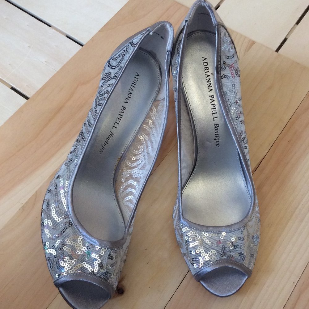 Silver Mesh Sequin Open Toe Pump - image 3